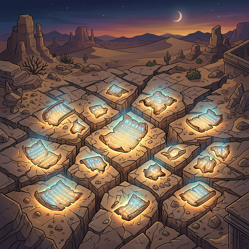 Glowing stone tablets with ancient inscriptions set in cracked desert terrain at night