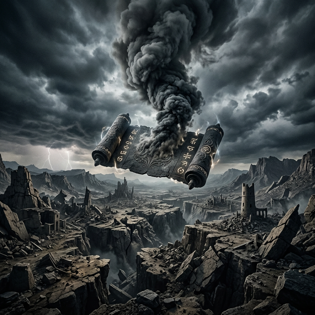 Ancient scroll with glowing runes floats above rocky ruins and lightning storm