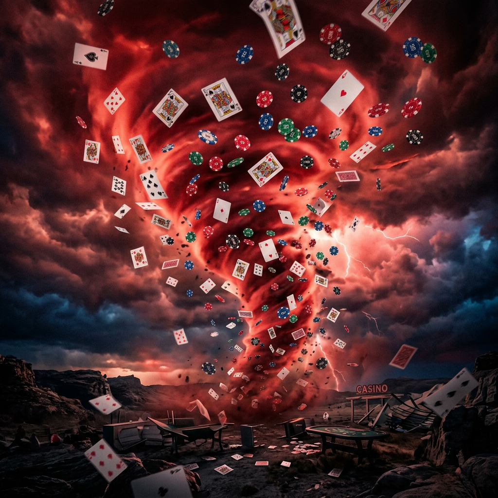 Tornado swirling with playing cards and poker chips over a casino setting