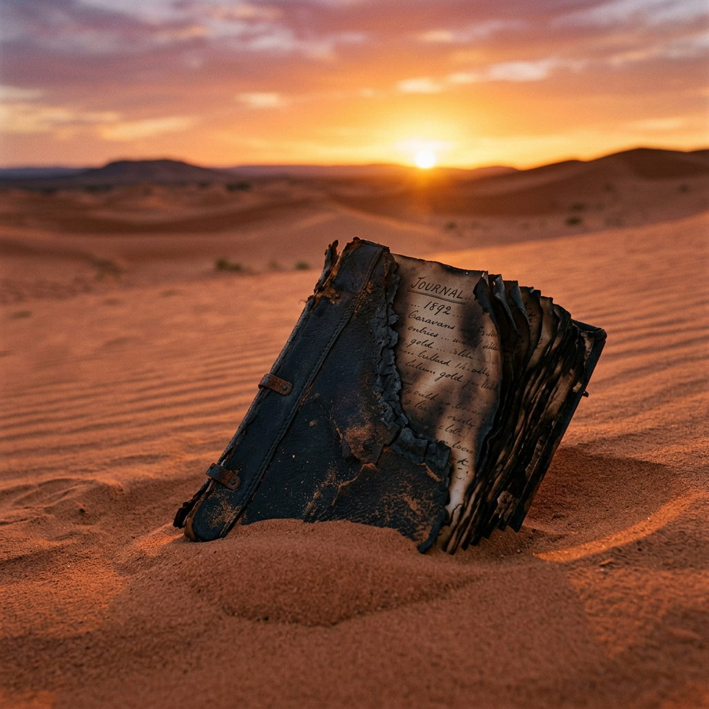 Charred old journal partially buried in desert sand with sunset in background