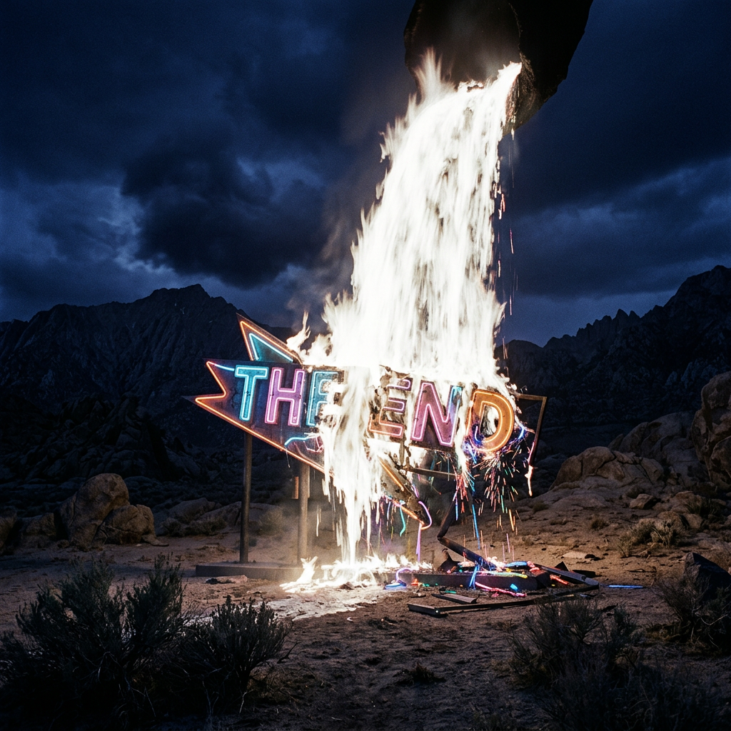 'THE END' neon sign on fire with sparks and smoke in outdoor rocky desert at night
