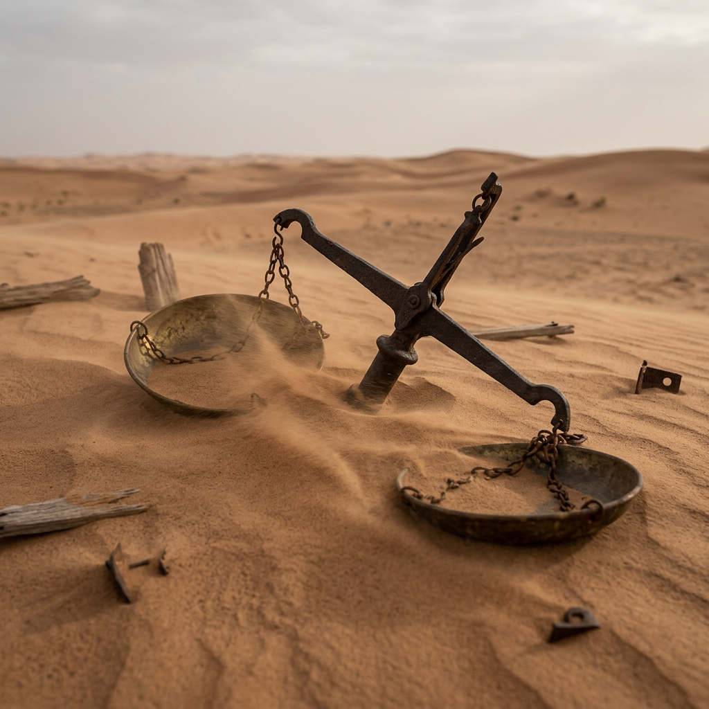 Rusty balance scale lying on sand in a desert with scattered wooden debris