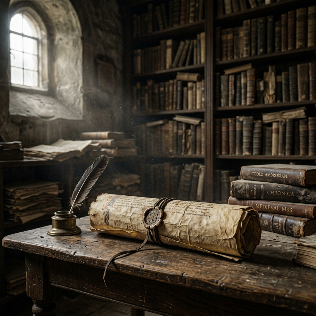Rolled parchment scroll with wax seal on wooden table in old library