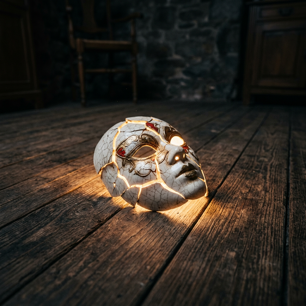 Cracked Venetian mask glowing from inside, placed on wooden floor