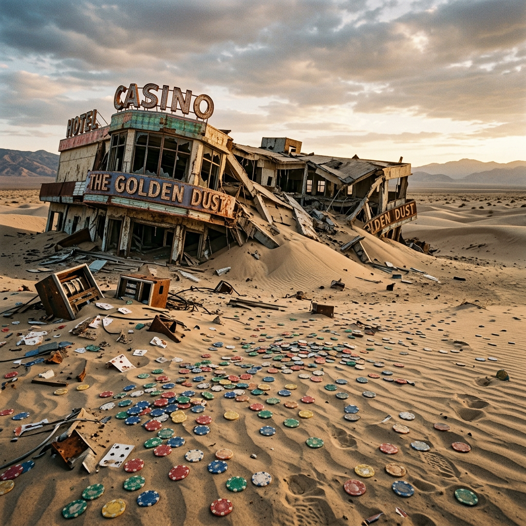 Ruined Golden Dust hotel casino half-buried in desert sand with poker chips scattered in foreground