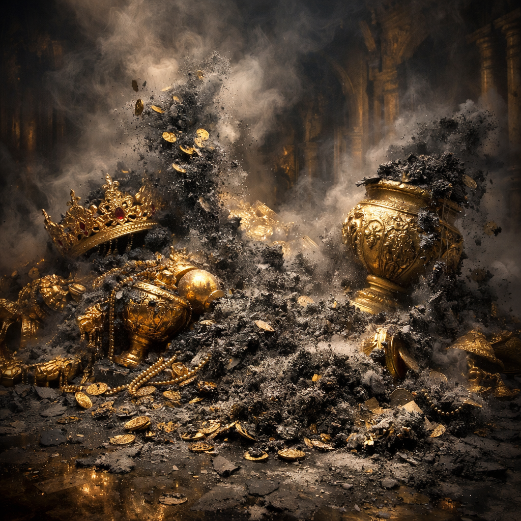 Golden crown, cups, coins, and jewelry bursting amid ashes and smoke