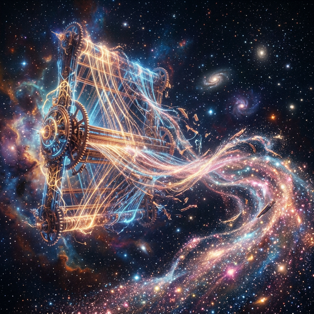 Futuristic celestial mechanism glowing with golden and blue light emitting luminous streams in space filled with stars and galaxies