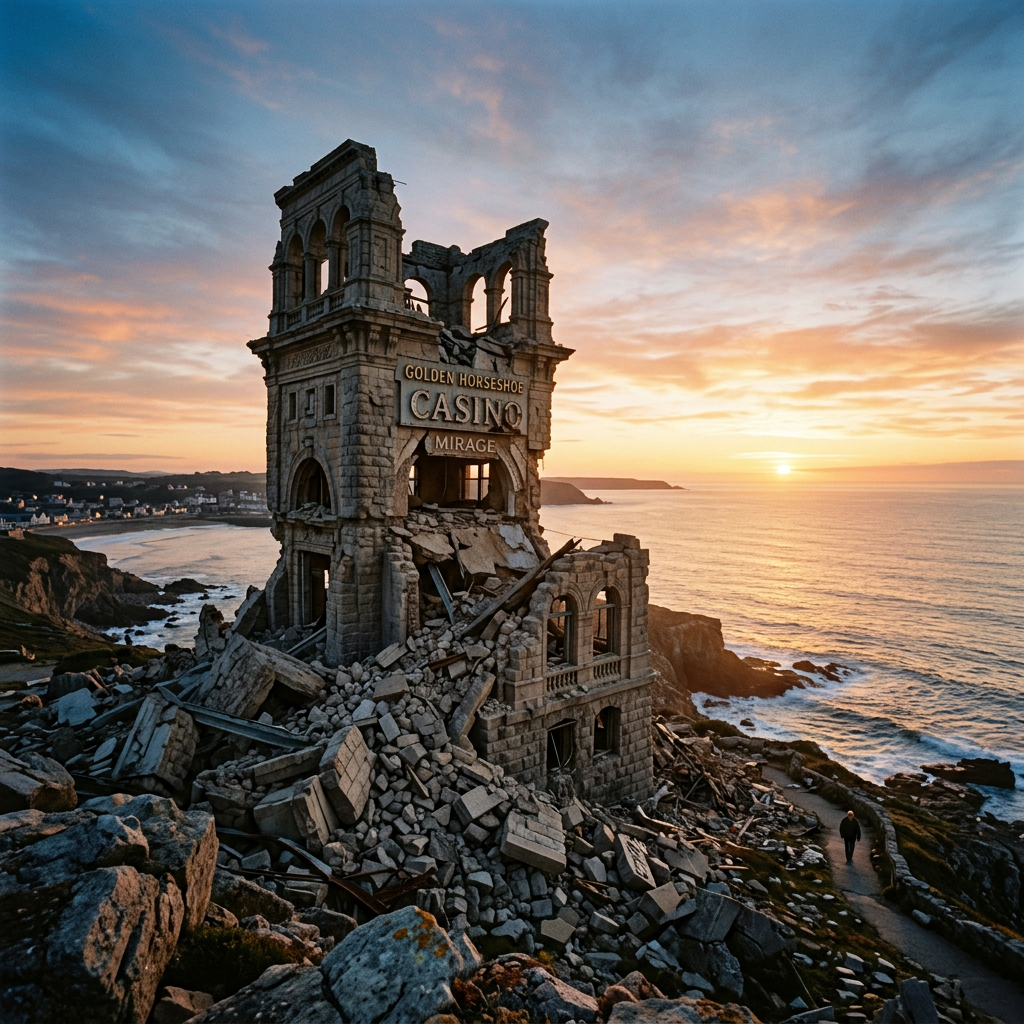 Ruined stone building labeled Golden Horseshoe Casino on rocky coast with ocean and sunset