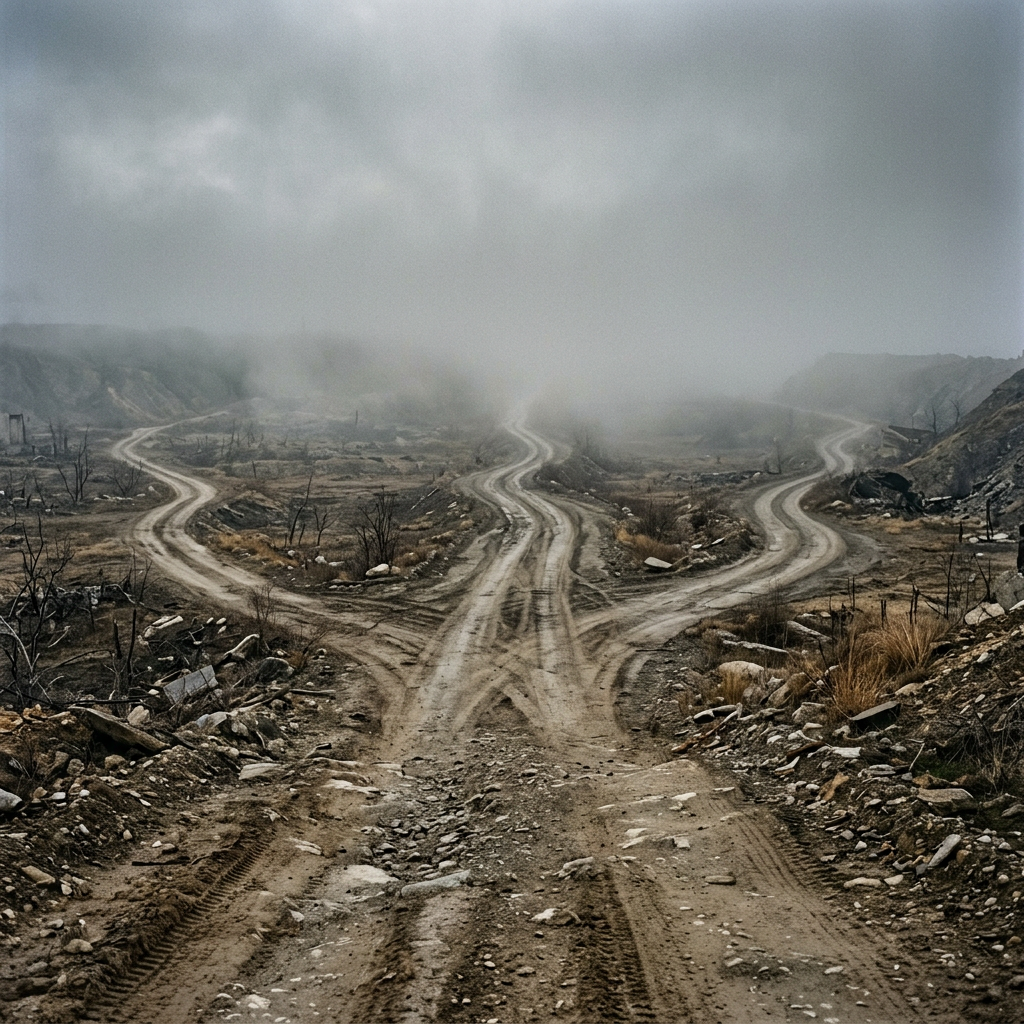 Forked dirt road with three paths in foggy barren landscape