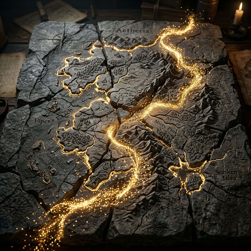 Stone map of a fantasy land with mountains, labeled regions, and a glowing golden river
