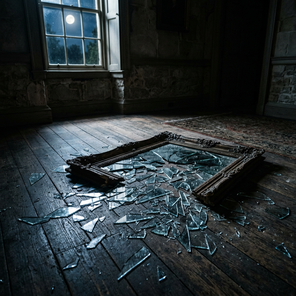 Shattered ornate mirror with broken glass scattered on wooden floor beneath a window showing a bright full moon