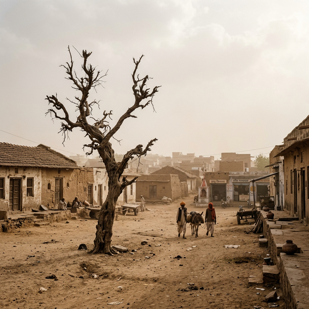 Two people walking a donkey along a dusty street lined with rustic houses and a leafless tree