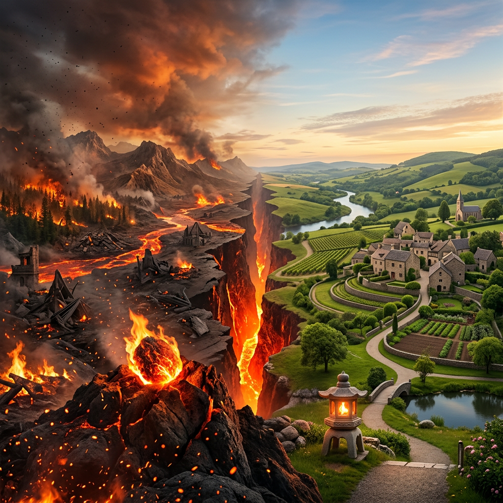 Split landscape with volcanic eruption and peaceful village with river