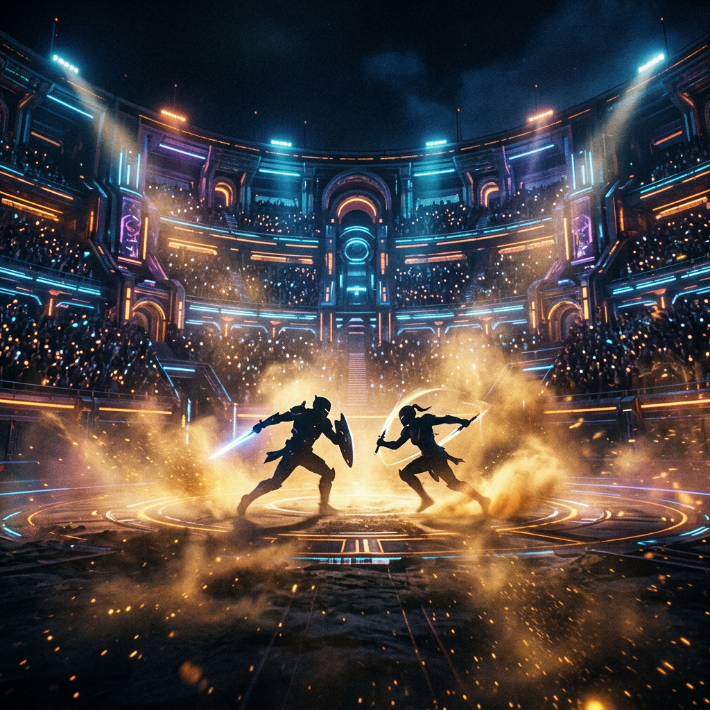 Two silhouetted warriors fighting in a neon-lit futuristic arena with glowing dust around them