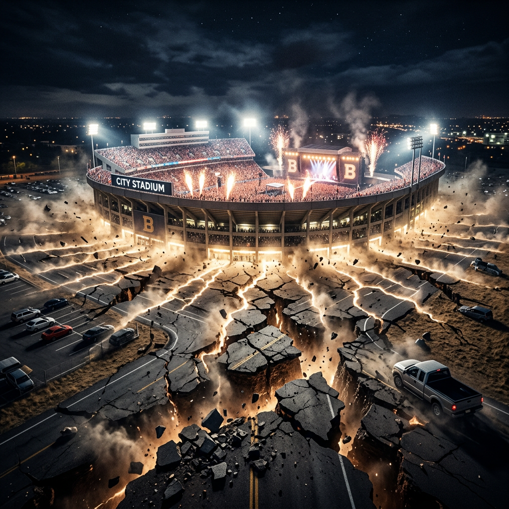 Concert stadium with crowd, fireworks, and cracked ground parking lot