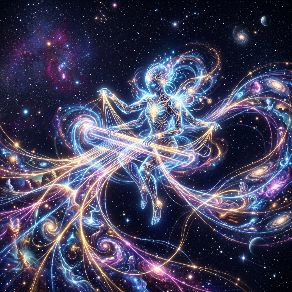 A glowing humanoid figure weaving glowing cosmic threads amid galaxies and stars in space