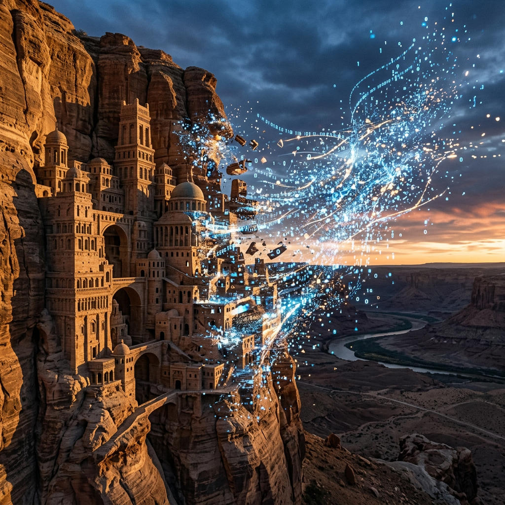 Ancient cliffside city blending into streams of blue digital data