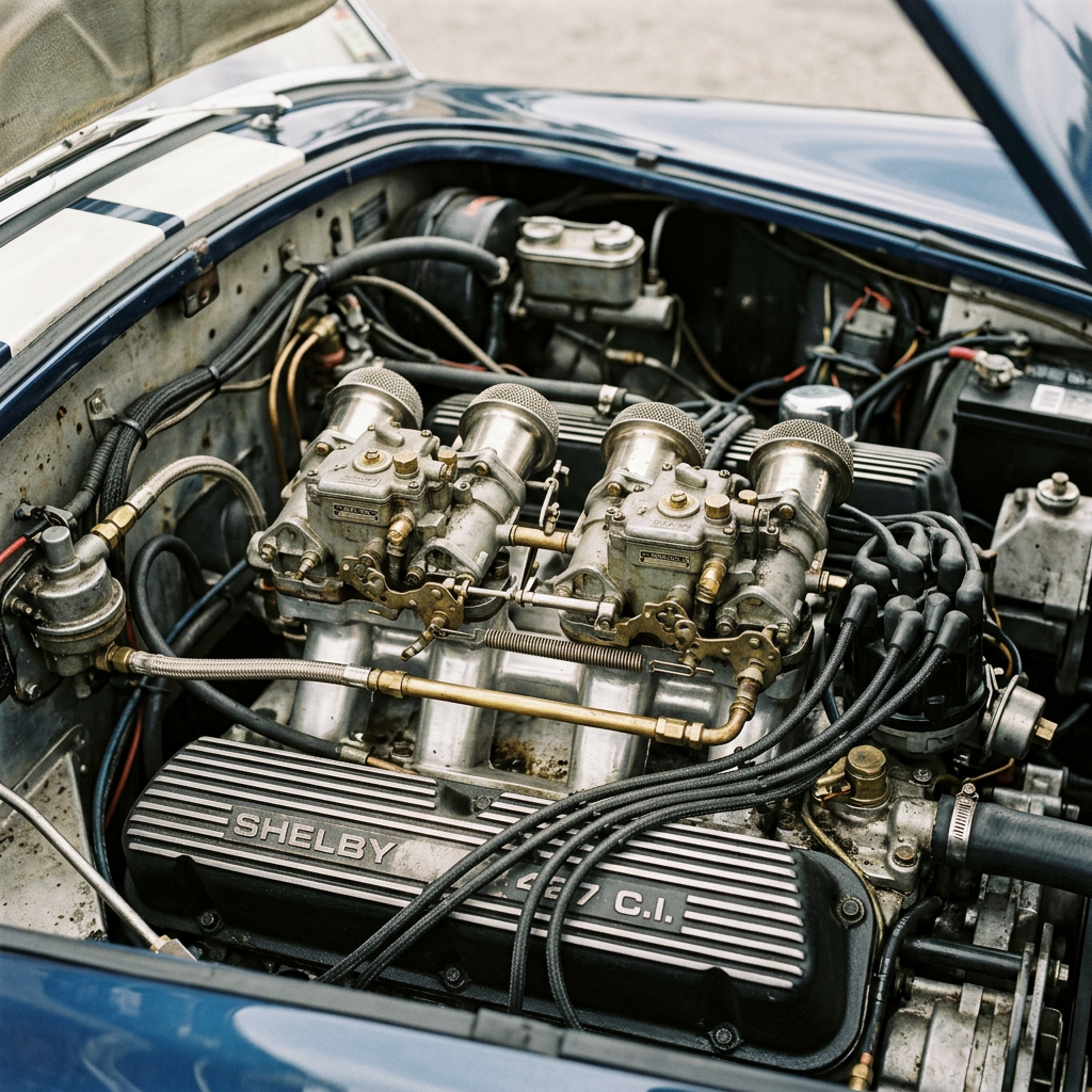 Close-up view of a Shelby 427 cubic inch engine with carburetors and wiring in an engine bay