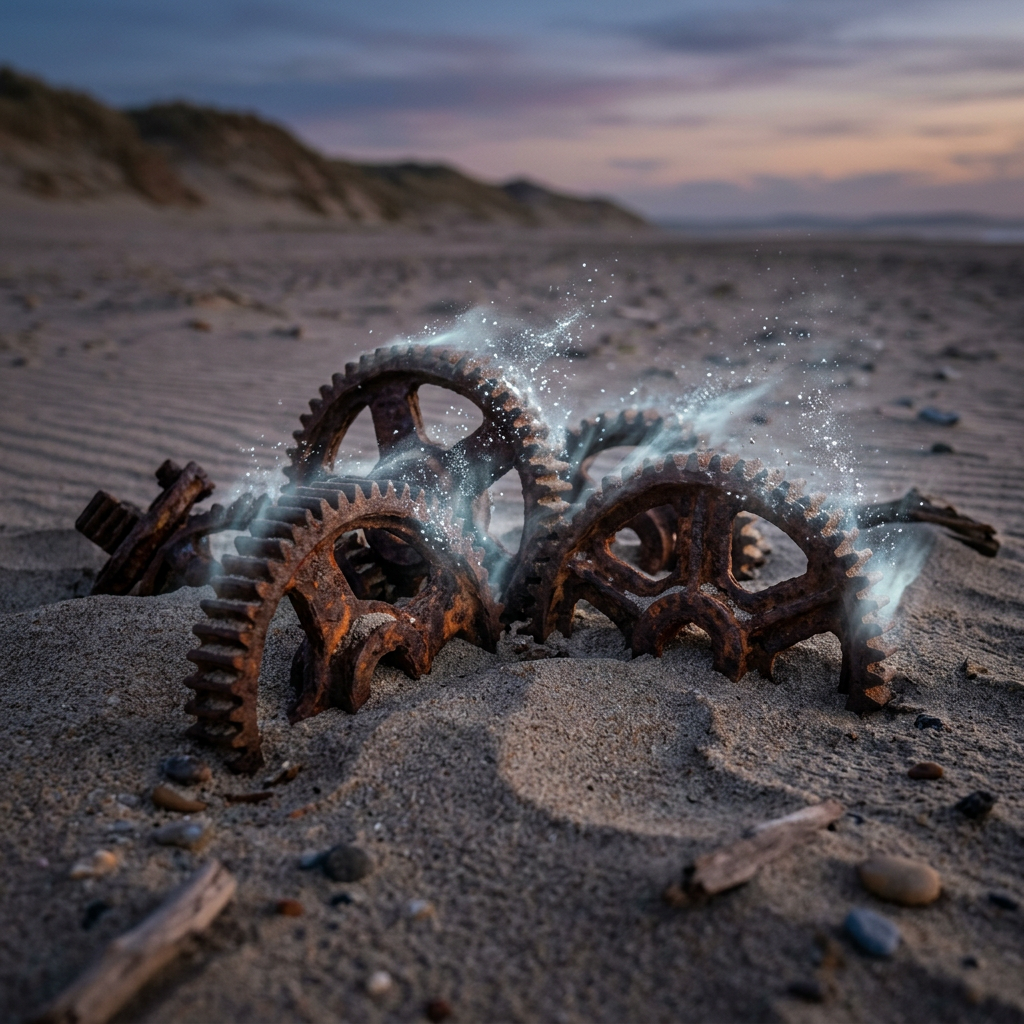 Rusty metallic gears half-buried in sandy beach glowing with blue mist