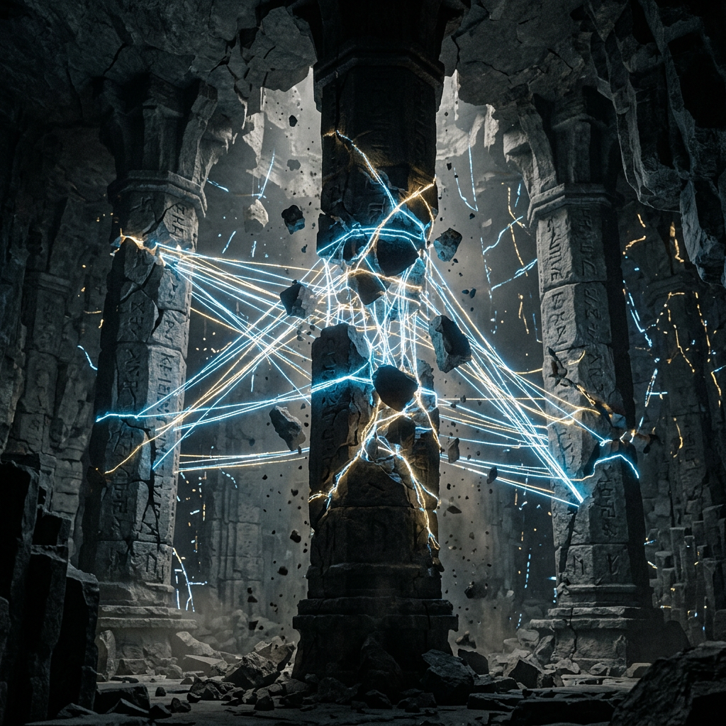 Stone pillars in a cavern connected by glowing blue and gold electrical strands