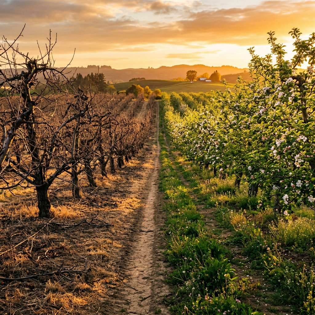 Dirt path between leafless trees on the left and flowering trees on the right in an orchard under a golden sunset sky.