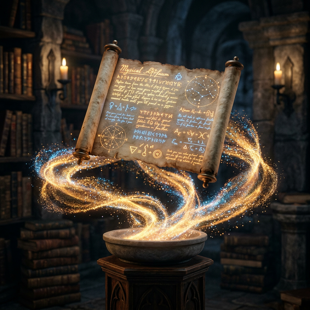 Ancient scroll with magical symbols and runes levitating above a stone basin emitting golden and blue sparkles in an old library