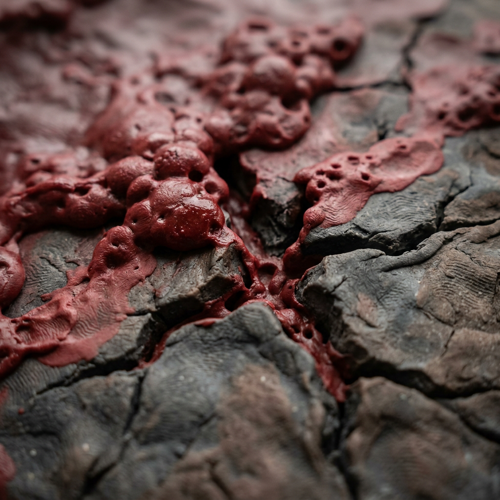 Red molten lava flowing over and filling cracks in dark volcanic rock