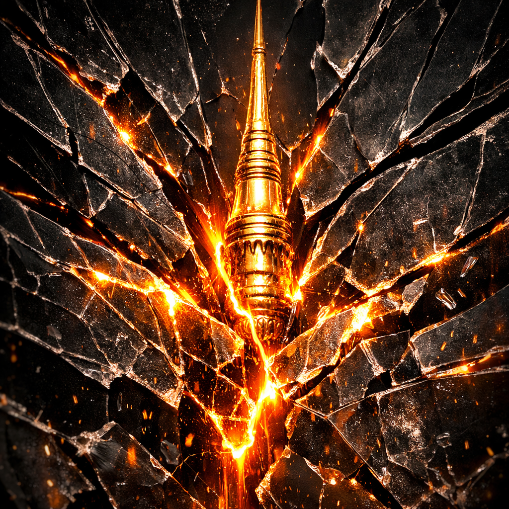 Golden ornate monument with bright glowing cracks in shattered dark glass