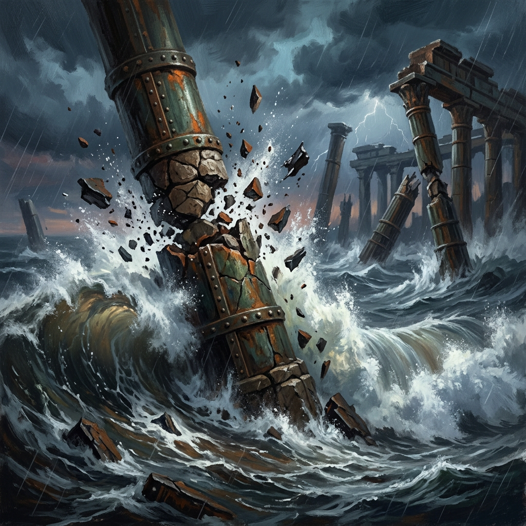 Ruined ancient pillars breaking apart in stormy ocean waves with lightning