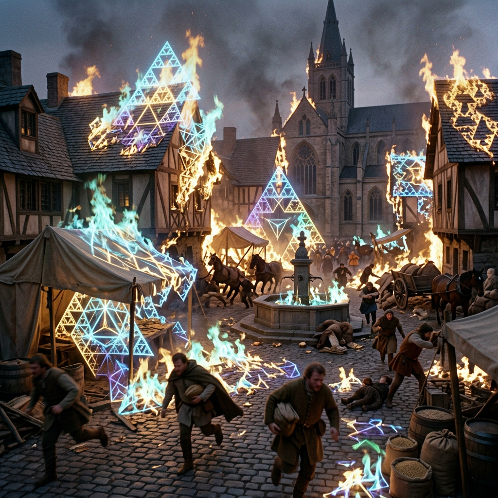 Medieval town on fire with luminous geometric flames and fleeing villagers