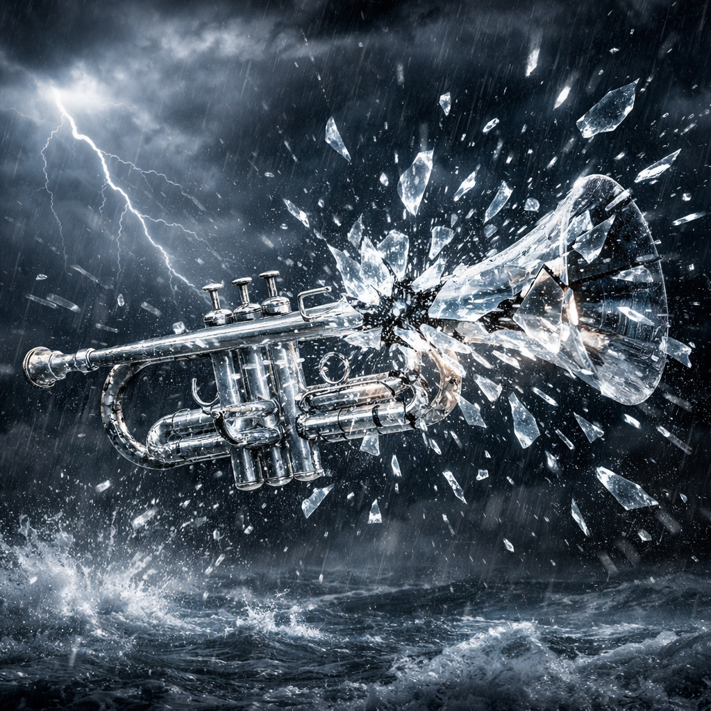 Trumpet shattered into glass pieces in a turbulent rainy storm with lightning