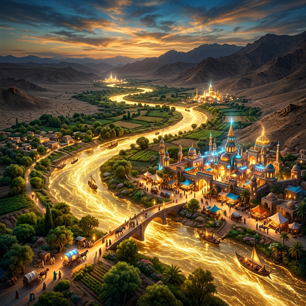 A fantasy city with illuminated buildings along a glowing river flowing through a valley