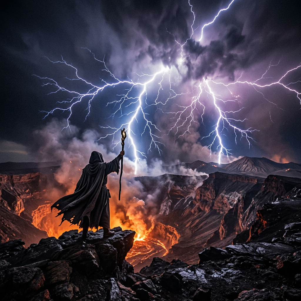 Cloaked figure raising staff as lightning strikes over an erupting volcano.