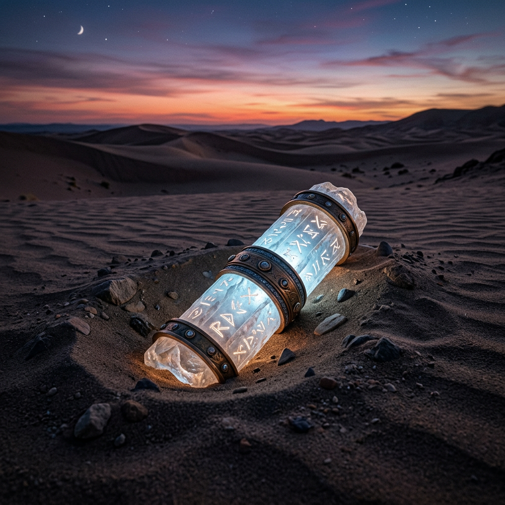 Glowing cylindrical artifact with ancient symbols partially buried in desert sand