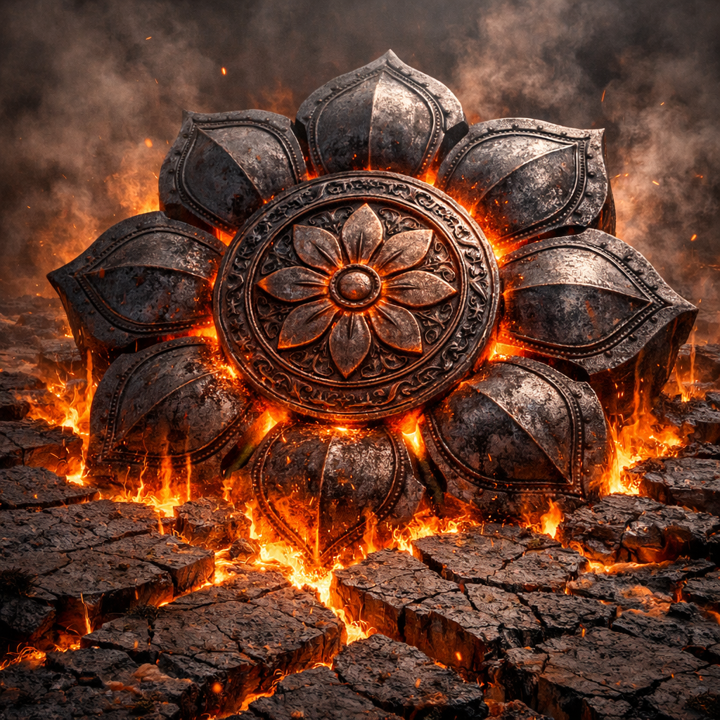 An ancient lotus-shaped metal emblem glowing with fiery light on cracked, molten ground