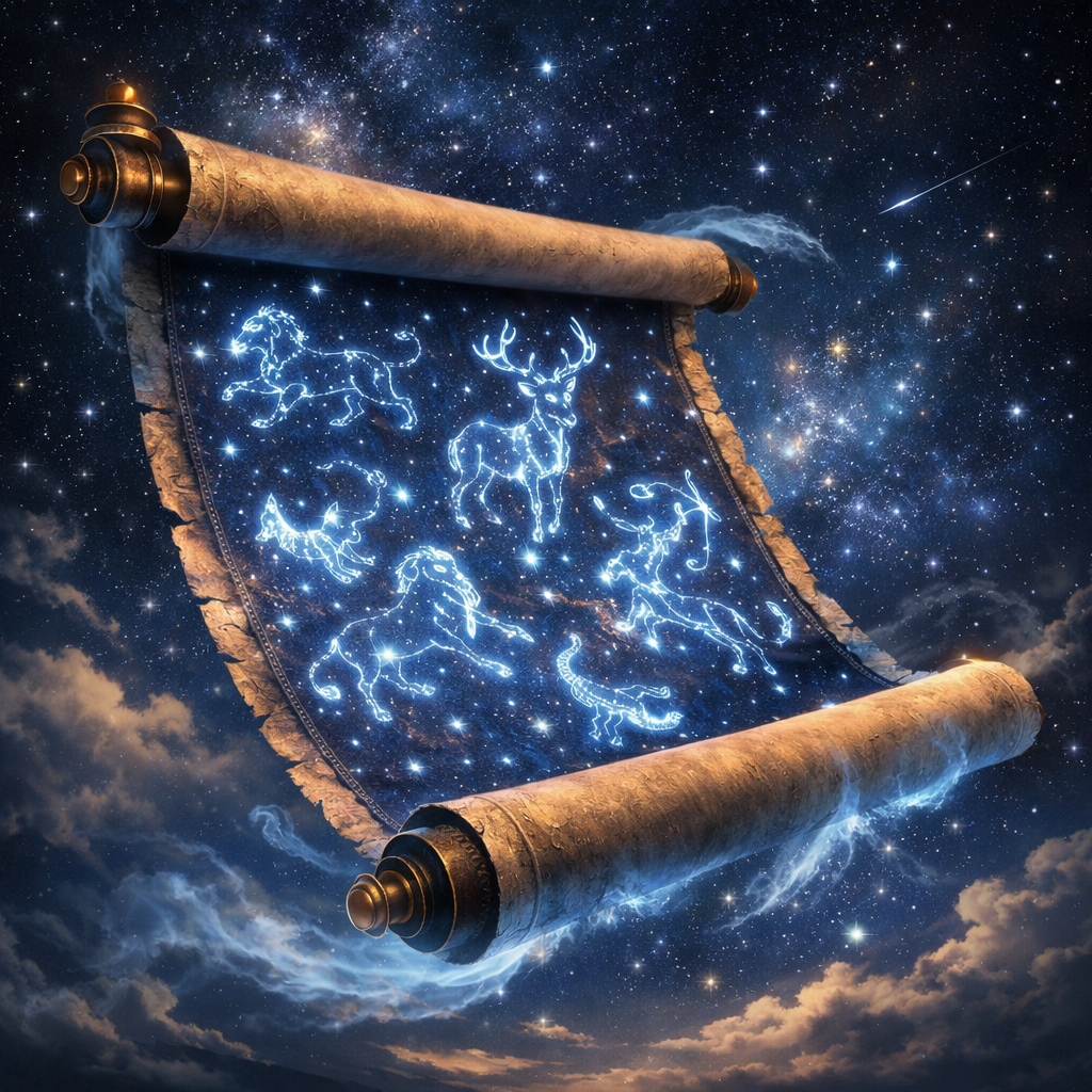 Scroll with glowing zodiac constellations of lion, deer, dog, fox, goat, and scorpion under a star-filled sky