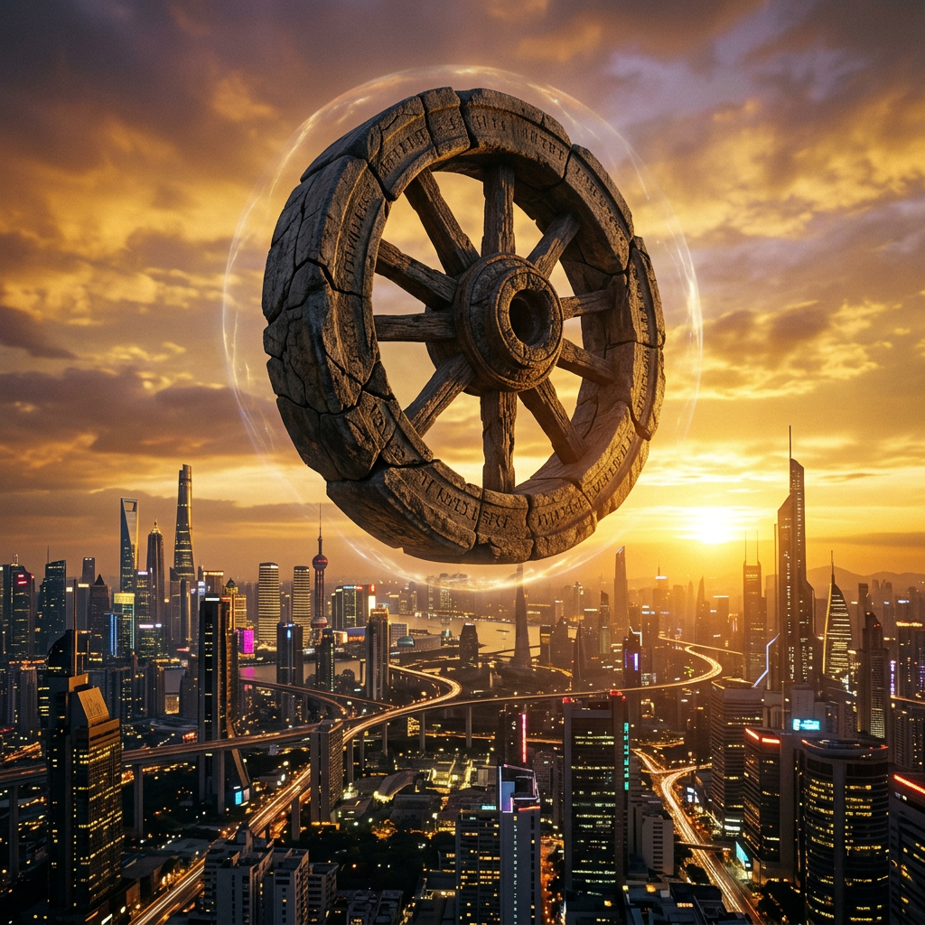 Large ancient wooden wheel floating above a city skyline at sunset