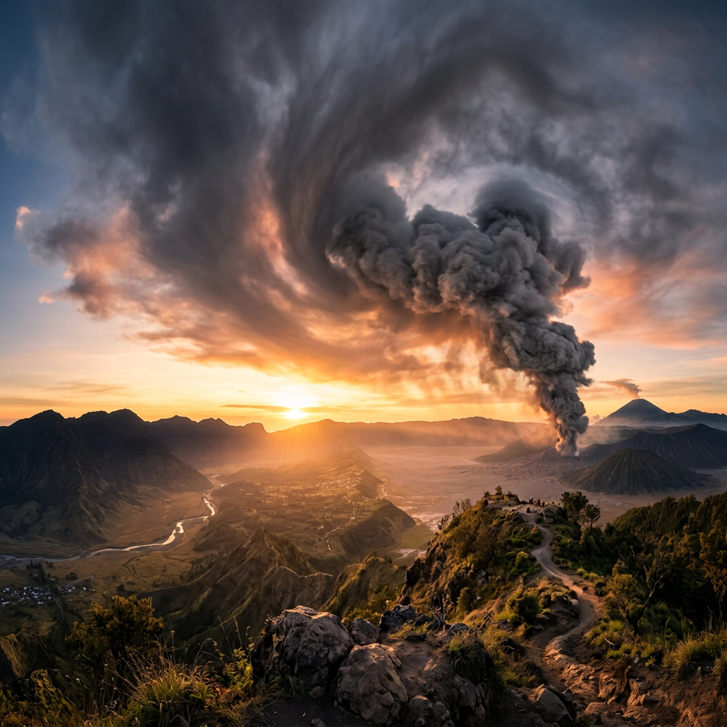 Volcano erupting with dense smoke plume during sunset over mountains