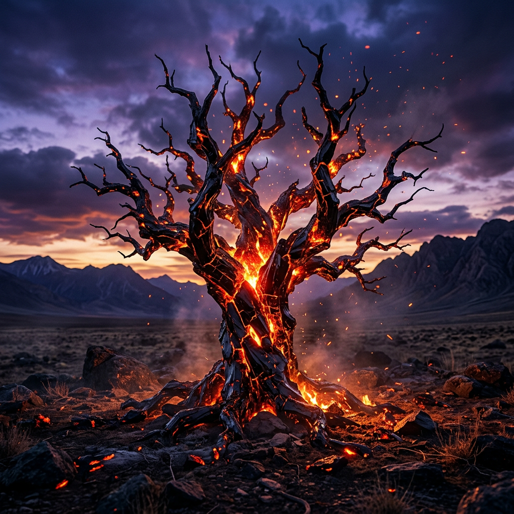 A leafless twisted tree engulfed in glowing flames with embers rising at sunset