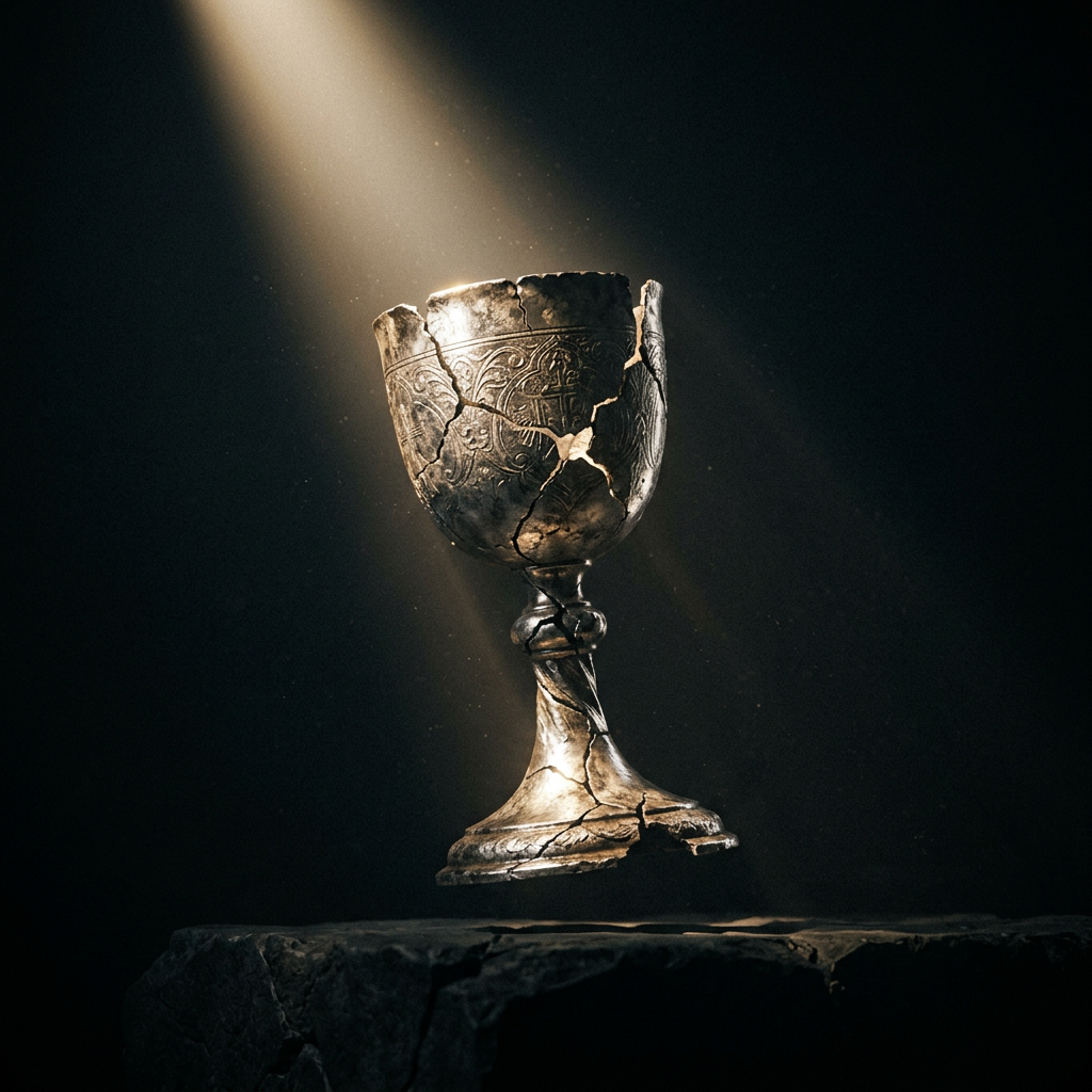 Ancient metal chalice with cracks illuminated by spotlight