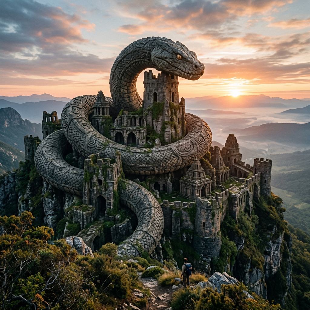 Giant stone serpent wrapped around a ruined ancient castle on a mountain during sunrise.