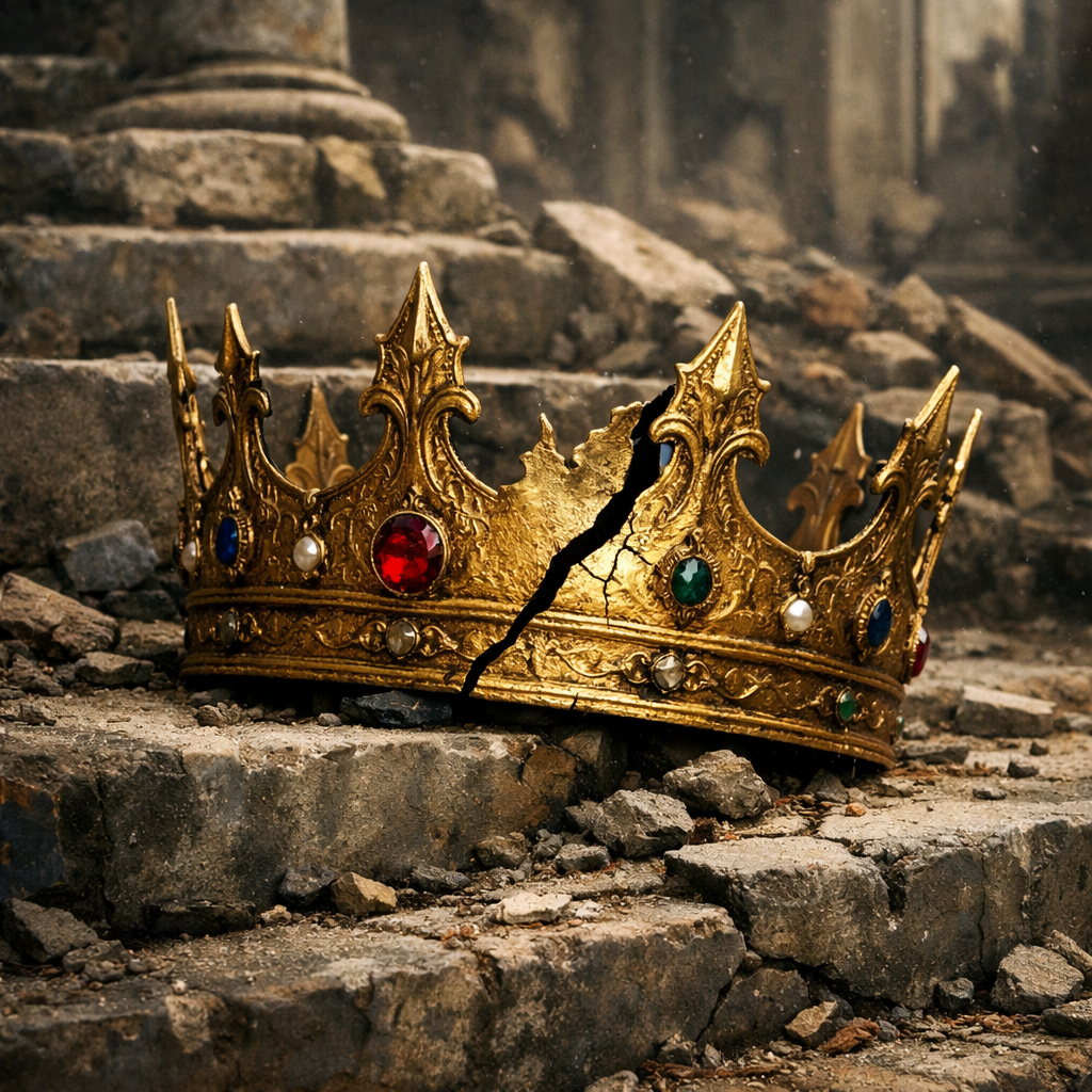 Cracked golden crown with jewels resting on stone rubble