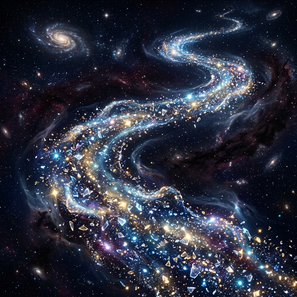 A glowing river of stardust, colorful stars, and fragments twisting through a dark galaxy-filled space