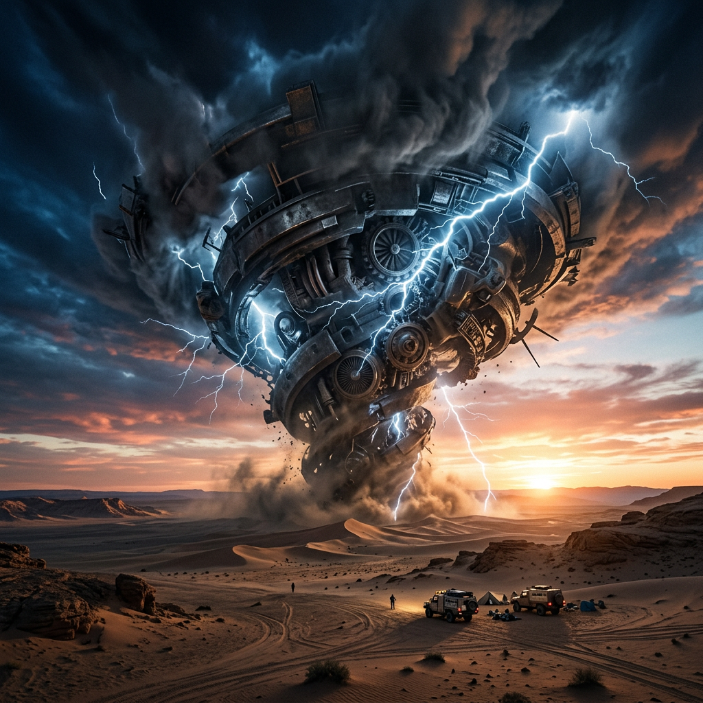 Mechanical tornado swirling with lightning in a desert with people and vehicles nearby