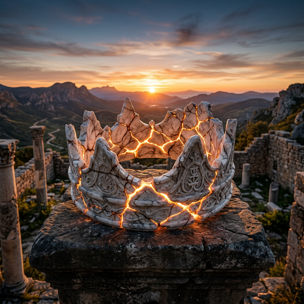 Cracked marble crown glowing with internal light on stone pedestal in ancient ruins at sunset