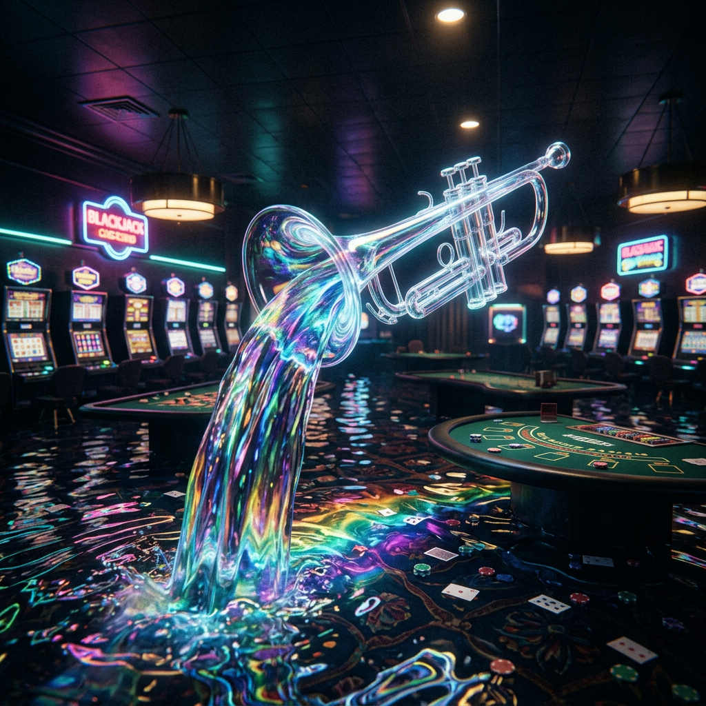 Transparent neon trumpet pouring vibrant liquid in a casino with slot machines and blackjack tables