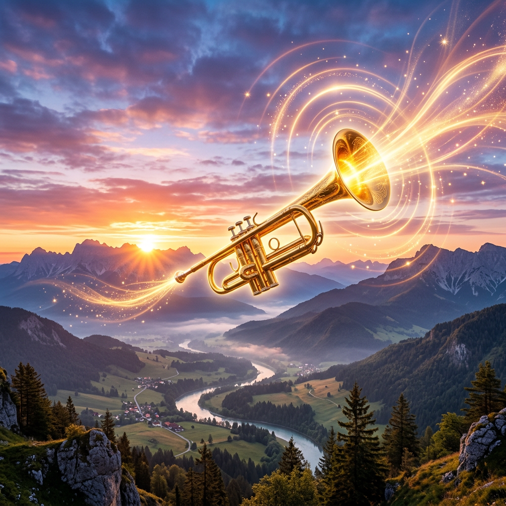 Golden trumpet glowing with magical light over a winding river in a mountain valley at sunset