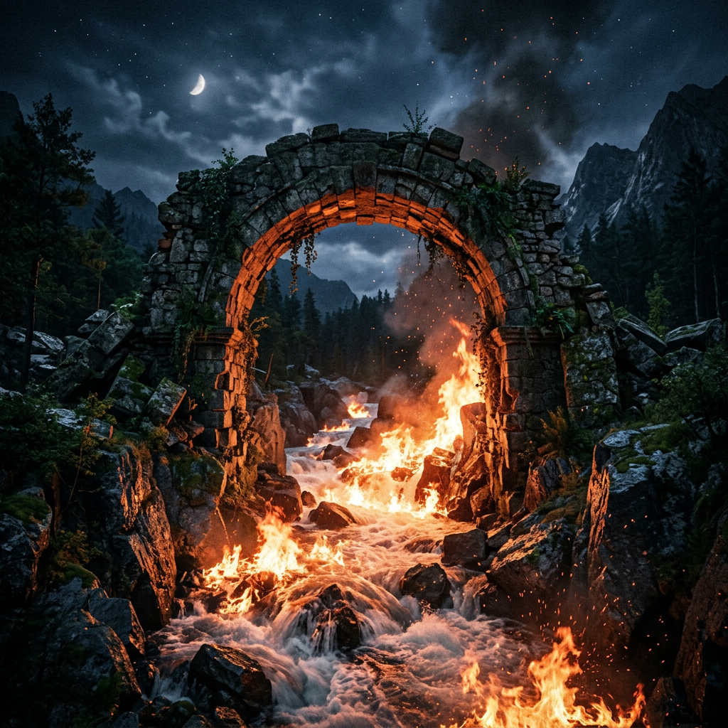 Stone arch over a river flowing with flames at night with a crescent moon