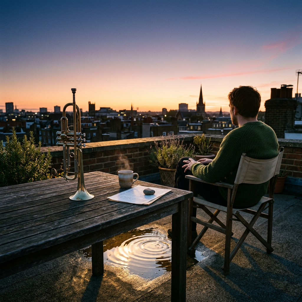 Man sitting on a rooftop chair facing city skyline at sunset with trumpet and cup on table