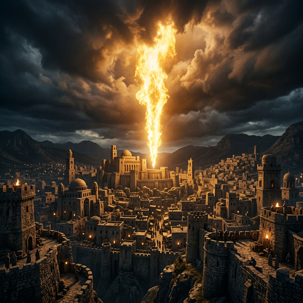 Medieval stone city with a large vertical fire plume emerging from the central castle under cloudy sky